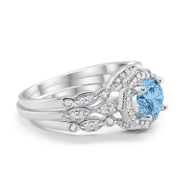 Halo Three Piece Wedding Art Deco Simulated Aquamarine CZ Ring Band Solid 925 Sterling Silver
